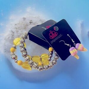 Paparazzi- Girls Yellow/Silver Beaded Stretch Bracelet & Popsicle Earrings-NIP